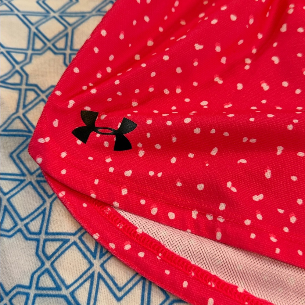 Under Armour Youth Athletic Shorts in Pink with White Dots - Picture 3 of 7